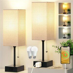 Set of 2 Small Bedroom Table Lamps with AC Outlet Pull Chain and LED Bulbs